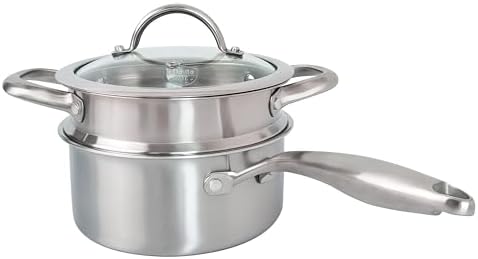 1.5 Quart Stainless Steel Saucepan with Steamer Basket, 18/10 Tri-ply Construction, Versatile Sauce Pan with glass Lid - Perfect for Cooking Gravies. Pasta, Vegetable and More by Unknown