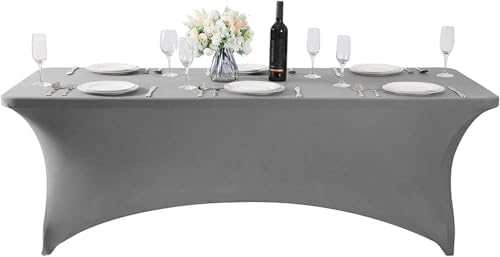MDS® Pack of 2 Spandex Tablecloth 8FT Tight Fitted Stretch Table Cover – Washable Wrinkle-Free Reusable Elastic Patio Tablecloth for Wedding, Party, Banquet, Trade Show, Event Décor - Silver Grey - Image 3