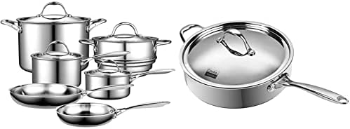 Cooks Standard Multi-Ply Clad Cookware Set, 10 Piece, Silver & 10.5 Inch 4 Quart Stainless Steel Saute Pan, Multi-Ply Clad Deep Fry Pan with Lid, Induction Cookware Pan by CooksStandard