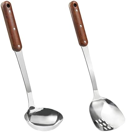 FJNATINH Stainless Steel Wok Spatula and Ladle Tool, Mirror Polished Cooking Utensils Set Metal Wok Accessories with Wooden Handle,Easy to Clean Kitchen Utensils,Sliver by HOMEKITCHENTOOL