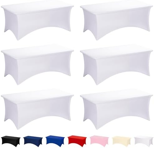 Fixwal 6 Pack White Spandex Tablecloth 8 Foot Fitted Table Cover by Fixwal