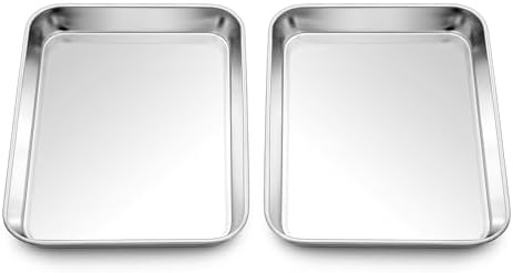 Homikit 9x7 Inch Mini Stainless Steel Baking Sheet Set for Toaster Oven | 2 Pack Small Cookie Sheets for Baking, Metal Baking Pans, Flat Bacon Trays, Non Toxic, Non Stick, Rustproof, Dishwasher Safe by Homikit