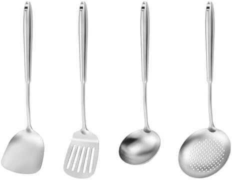 15" Wok Spatula and Ladle,Skimmer Spoon, Slotted Turner Spatula,304 Stainlss Steel Matte Kitchen Utensils Set,4PCS Wok Accessories,Cooking Utensils Tools by Lazycorner