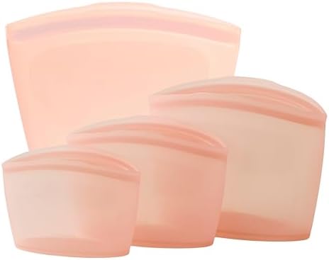 Blue Ginkgo Silicone Food Storage Bags, 4-Pack, Reusable, Made in Korea | Leakproof. Stand Up. Freezer and Dishwasher Safe. (Peach) by BLUEGINKGO