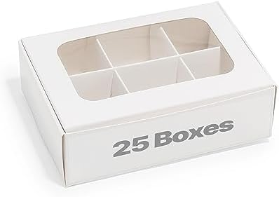 25 pcs White Mini Truffle Box for 6 treats with Windows and Dividers, Bakery Boxes, 5 x 3.5 x 1.57 Inches VERY SMALL Baking Boxes, Square Truffles Box for Gift Giving by ModsyBaking