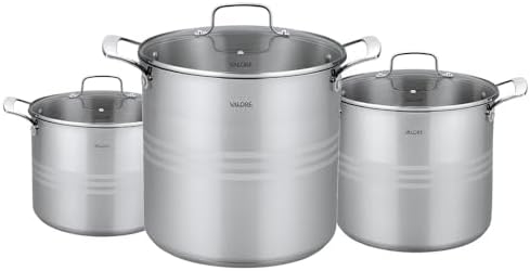 Valore 3 pc Stainless Steel Stock Pot Set - 12, 16 & 24 qt - 5-ply Canning Pots with Brushed Stainless Finish & Riveted Handles - Canning Supplies Compatible with All Cooktops by Valore