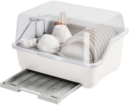 Tomorotec Plastic Dish Drying Rack & Drain Board with Lid Cover Light White by Tomorotec