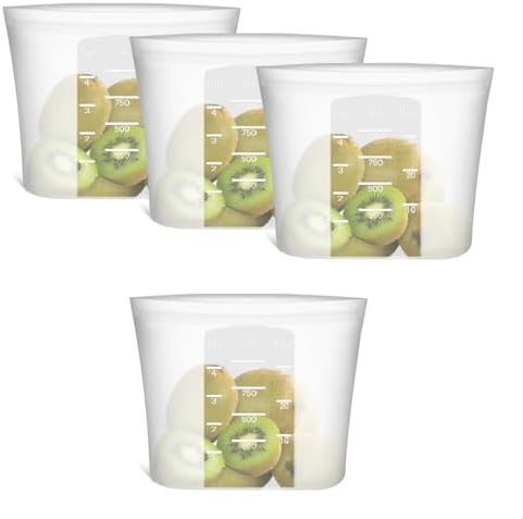 Reusable Silicone Food Storage Bags Quart 4 Pack, Stand Up Ziplock Reusable Freezer Sandwich Bag Containers for Food Travel, Freezer Microwave Oven Dishwasher Safe, Translucent, 33.8fl.oz by Annaklin