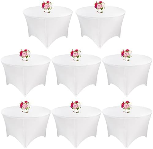 8 Pack 5FT Round Spandex Tablecloth 60” White Round Elastic Table Cover Washable Wrinkle Resistant Fitted Stretch Table Cover for Wedding Party Birthday Banquet Bar Events by JALANCY