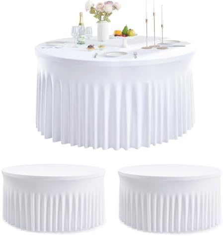 Outpain 2 Pack White Round Spandex Tablecloths for 60in Tables, 120Inch Stretchy Fitted 5FT Round Table Clothes,Wrinkle Free Table Cover with Skirt for Wedding Party Banquet Baby Shower by Outpain