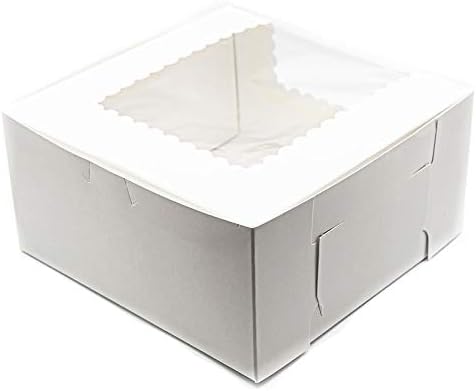 Made in USA 8" X 8" X 4" Recycled White Kraft Cake Box with Scalloped Window & 8" Round Cake Boards (Pack of 10 – Front Loading) - Image 2