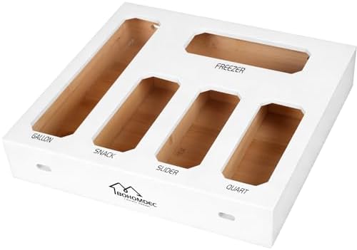 Bamboo Ziplock Bag Storage Organizer for Drawer -White, 5 in 1 Baggie Organizer with 24 Labels - Fits Gallon, Quart, Sandwich & Snack Bags - Wall Mountable Kitchen Drawer Organizer, 3in by BOHOMDEC
