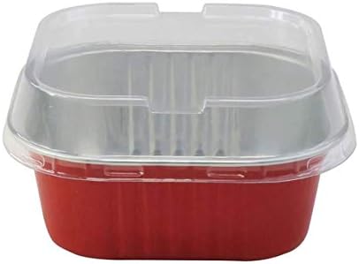 KitchenDance Disposable Foil Cake and Dessert Cup Set with Lid - 4.5 x 4.5" Square Cake Baking Pan for Hotels, Restaurants - Heavy Duty Aluminum Pan for Baking and Preparing Food, #A-24P (50, Red) by KitchenDance