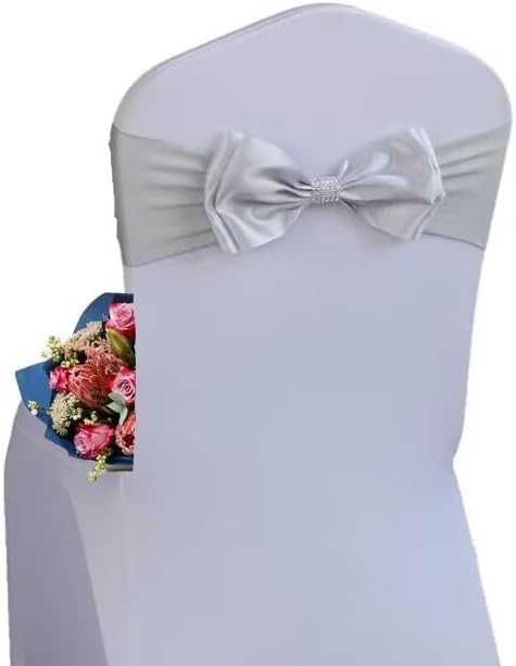 100 PCS Spandex Chair Sash Bow Tied,Elastic Sashes Chair Bands for Wedding Party Reception Events Celebration Banquets Hotel Event Decorations Chairs Decoration(Silver Gray) by DDCBNS