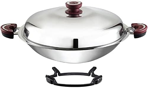 BUFFALO Stainless Steel Wok Pan with Lid Round Bottom 14 inch (35cm) Stir Frying Pan Tri-Ply Nonstick Cookware - Double Handle Cooking Pot for Induction/Electric/Gas Stoves + Wok Ring by Buffalo