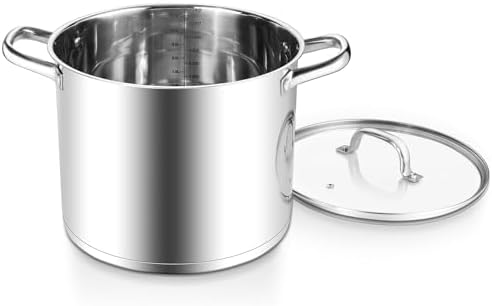 E-far 12 Quart Cooking Stock Pot, Large Stainless Steel Pot for Canning Simmering Stewing, Heavy Duty Cookware with Tri-ply Base for Induction Gas Stoves, Soup Pots with Glass Lid, Dishwasher Safe by E-far