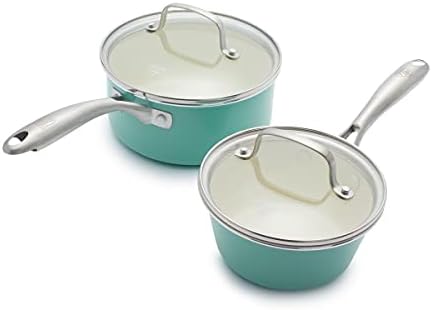 GreenLife Artisan Healthy Ceramic Nonstick, 1QT and 2QT Saucepan Pot Set with Lids, Stainless Steel Handle, PFAS-Free, Dishwasher Safe, Oven Safe, Turquoise by GreenLife