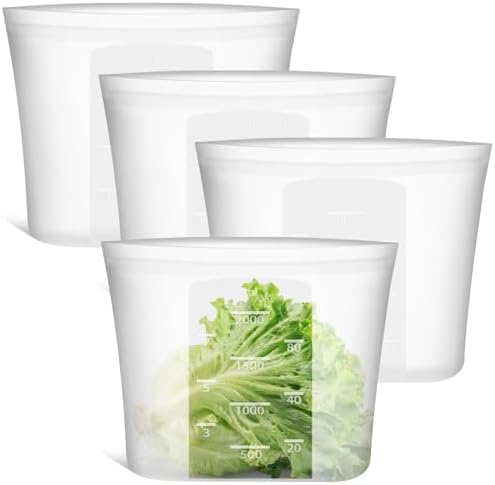Large Reusable Silicone Food Storage Bags 4 Pack, 0.5 Gallon/2000ml, 100% Silicone Stand-Up Wide-Open Zip-Lock Reusable Bags for Large Items, Microwave Freezer Oven Dishwasher Safe, Translucent by SiliseaDirect