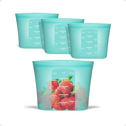 Reusable Snack Bags, 4 Pack, Stand Up 100% Silicone Reusable Storage Bag, Ziplock Silicone Food Storage Containers Snack Size, Freezer Microwave Oven Dishwasher Safe, Aqua, 16oz by Annaklin