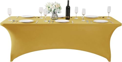 MDS® Pack of 2 Spandex Tablecloth 4FT Tight Fitted Stretch Table Cover – Washable Wrinkle-Free Reusable Elastic Patio Tablecloth for Wedding, Party, Banquet, Trade Show, Event Décor - Gold - Image 3