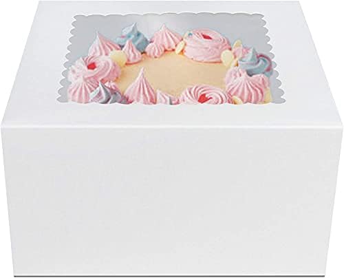 O'CREME White Square Cake Box 8 x 8 x 5 Inch, with Scalloped Window, Kraft Paperboard Bakery Box with Auto-Popup Window - Pack of 5 - Image 5