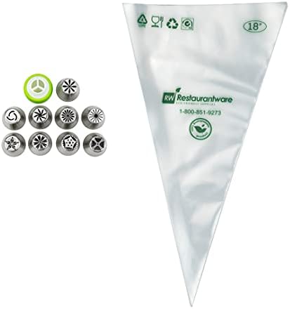 Restaurantware Pastry Tek Russian Piping Tips Set 20 Piece Durable Cake Decorating Kit - 9 Piping Tips 10 Piping Bags Stainless Steel Piping Bags And Tips Set 1 Tri-Color Coupler - Image 5