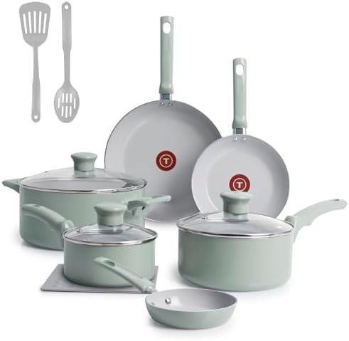 T-Fal Refresh Ceramic Nonstick 12-Piece Set, Pots and Pans, Mint Green by T-falbrand