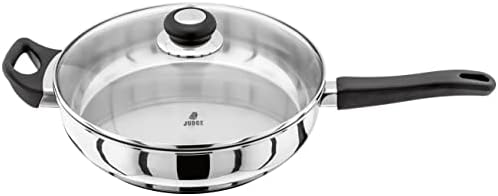 Judge Vista Stainless Steel Large Saute Pan with Helper Handle 28cm, Shatterproof Vented Glass Lid, Induction Ready, Oven Safe by Judge