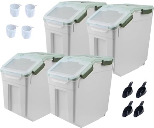 25LB Large Flour Storage Container Bin,Green Airtight Plastic with Wheels Seal Locking Lid Dispenser Organizer Storage Bin with Measuring Cup & Scoop for Flour, Rice, Grain，Set of 4 by YXQ