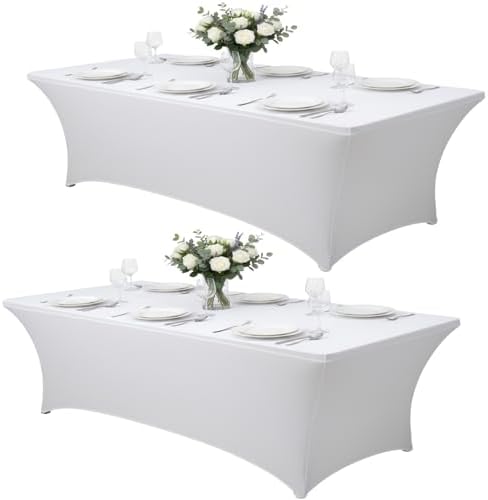 2 Pack 8FT Rectangular Spandex Tablecloth,Wrinkle Resistant Fitted Cover for 96x30 inch Banquet Table Cloth, Washable Stretch Fabric for Party, Events, Wedding, Vendor - White by Lemict