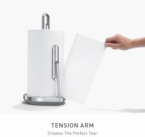 simplehuman Tension Arm Countertop Paper Towel Holder, Easy One-Handed Tear, Standing Weighted Base with Finger Loop, Heavy Duty, Brushed Stainless Steel - Image 3