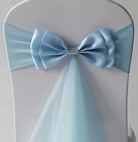 6Pcs Stretch Satin Chair Sashes Bows Chair Bands Decor for Hotel Wedding Reception Party Event Chair Cover Decoration Light Blue - Image 2