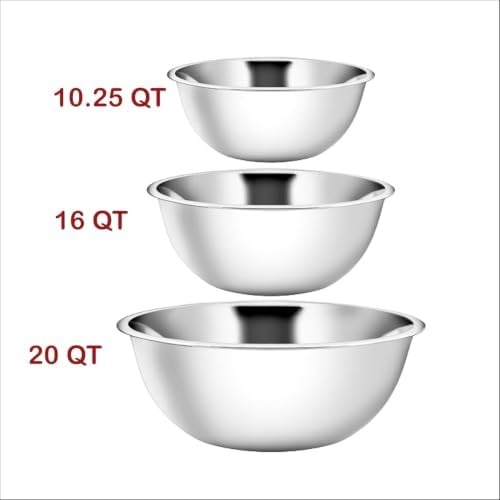 YBM HOME Stainless Steel Mixing Bowls Set of 3 – Nested Kitchen Prep Bowls for Baking, Cooking, Dough Mixing & Salad Serving (10.25, 16, 20 Quart Bowls Included) - Image 6