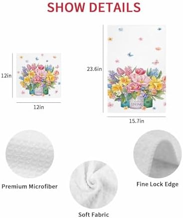 Spring Flowers Waffle Kitchen Hand Towels Set of 3, Watercolor Floral Leaves Butterflies Plant Absorbent Hair Dish Bath Tea Golf Microfiber Towel, Yoga Gym Workout Towel Dish Washcloth 15.7"x23.6" - Image 7