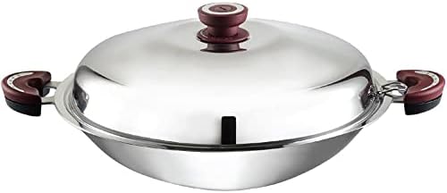 BUFFALO Stainless Steel Wok Pan with Lid Round Bottom 14 inch (35cm) Stir Frying Pan Tri-Ply Nonstick Cookware - Double Handle Cooking Pot for Induction/Electric/Gas Stoves by Buffalo