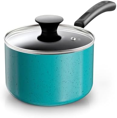 Cook N Home Basic 2 Quart Nonstick Saucepan with Glass Lid, Small Non Stick Aluminum Sauce Pan, Multi-Purpose Milk Chocolate Cooking Pot with Stay-Cool Handle, Turquoise by CookNHome
