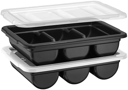 2 Pack - Cutlery Bin with Lid, Commercial 3-Compartment Flatware Tray with Cover, Silverware Divided Storage Plastic Container, Restaurant Condiments Holder, Covered Utensil Organizer Box, Black by Zilpoo