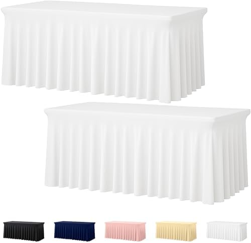 Deep Dream 2 Pack White Spandex Table Covers 6 Foot, Fitted Stretch Tableclothes 30x72 Inch, Wrinkle Free 6FT Fitted Table Clothes with Skirt for Party, Banquet, Wedding and Events by DeepDream