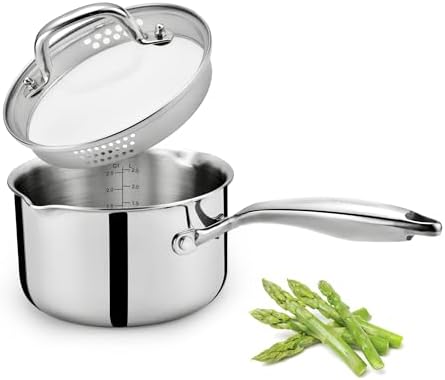 Cyrosa 2.5 Quart Saucepan with Lid, Stainless Steel Sauce Pot with Strainer Lid, Two Side Spouts for Easy Pour with Ergonomic Handle, Dishwasher Safe by Cyrosa