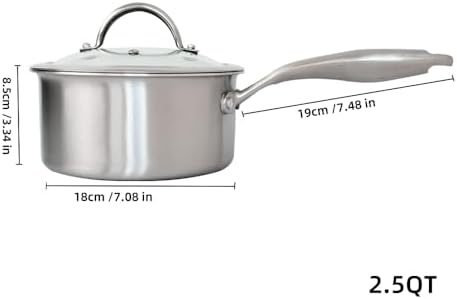 Stainless Steel Small Brushed Saucepan With Lid, Induction Cooking Sauce Pot Pans, 18/10Tri-Ply Heavy Bottom Saucier Cookware, Dishwasher Safe & Oven Safe (2.5QT) - Image 6
