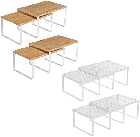SONGMICS Expandable Spice Racks Bundle, Set of 4 Metal Kitchen Counter Shelves and Set of 4 Metal and Bamboo Spice Racks, Stackable Cabinet Shelf Organizers, White and Natural UKCS006W01 and UKCS010N0 by Unknown