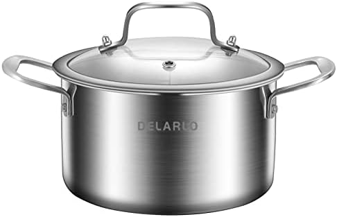 DELARLO Whole Body Tri-ply Stainless Steel Stock Pot with Lid 3.5QT, Cooking Pot Food Grade Cookware, Durable Soup Pot with Glass Lid,Suitable for All stoves, Dishwasher Safe by DELARLOCOOKWARE