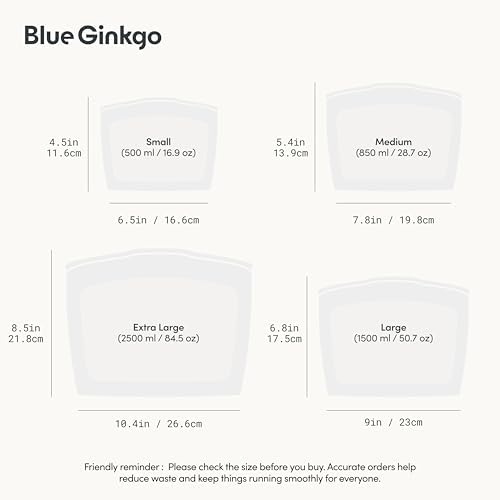 Blue Ginkgo Silicone Food Storage Bags, 4-Pack, Reusable, Made in Korea | Leakproof. Stand Up. Freezer and Dishwasher Safe. (Clear) - Image 3