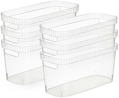 Tribello Modern Narrow Organizer Storage Bin, Slim Clear Plastic Household Storage Container for Kitchen Pantry storage, Under Sink Bin, Bathroom/Laundry Room - 6 Pack (Narrow - 15” X 6” X 6”) by Tribello