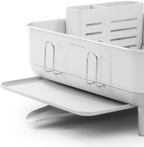 simplehuman Steel Frame Dishrack, Compact Dish Drying Rack for Small Kitchens, 360º Easy Drain Swivel Spout, Anti-Residue Coating, Moisture Control Surface, White - Image 4