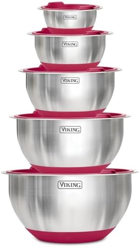 Viking Mixing Bowls Set, 10 Piece Stainless Steel Kitchen Cookware, Non-Slip Silicone Base, Includes Tight Fit Lids, Dishwasher Safe, Red by Unknown