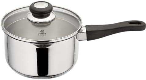 Judge Vista Draining Stainless Steel Large Saucepan with Pouring Lip 18cm 2.1L, Shatterproof Glass Strain & Pour Lid, Induction Ready, Oven Safe by Judge