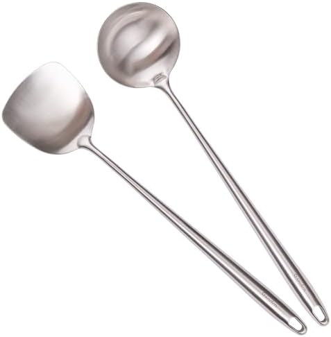 17″ Wok Spatula and Ladle - 304 Stainless Steel Wok Tools Set | 2-Pieces Extra Long Handle Cooking Tools, All Metal Wok Utensils and Wok Accessories for Cast Iron/Carbon Steel Wok by Standcn