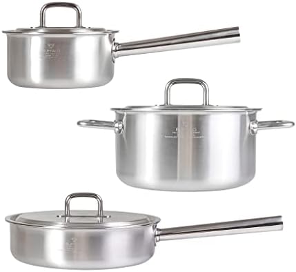 BUFFALO Clad Stainless Steel Sauce Pan 7", Stock Pot 8" & Stir Fry Pan 10" with Lid -Tri-Ply Premium Kitchen Cookware Set Stay-Cool Long Handle Deep Sauté Cooking Pot for Induction/Electric/Gas Stoves by Buffalo