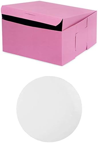 Made in USA 8" X 8" X 4" Recycled Pink Kraft Cake Box & 8" Round Cake Boards (Pack of 10 – Front Loading) by StephanieImports